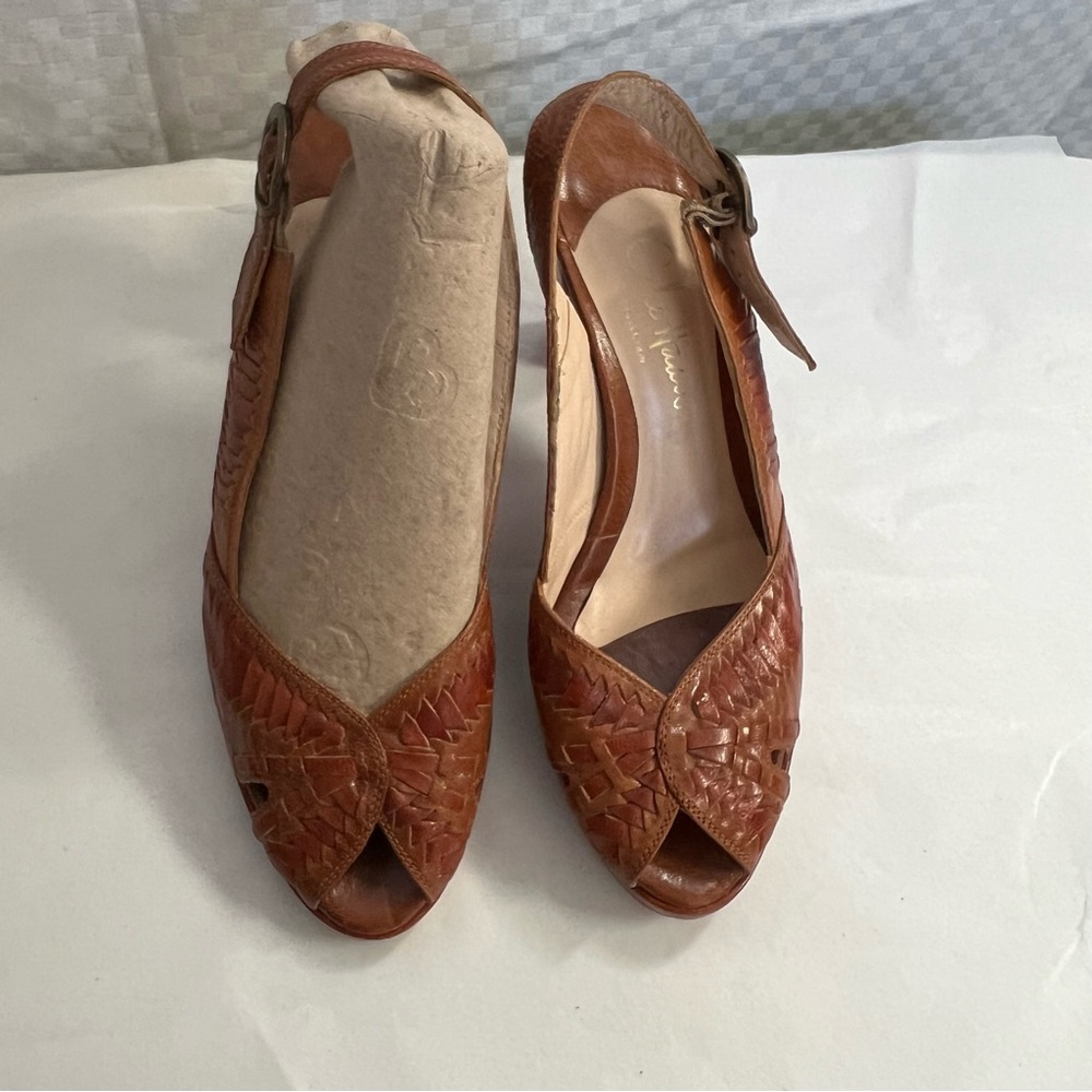 Cole Haan Tan Leather Peep-Toe Heeled Woven Sandals
